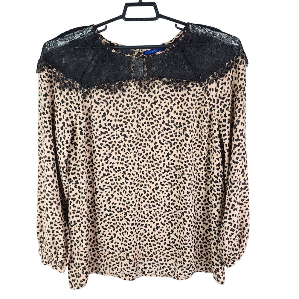 Womens Apt 9 Leopard Print Blouse Top w/ Black Lace Yoke Long Sleeve Size XXL